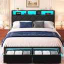 Petkulo Queen Bed Frame with LED Lights, Charging Station & 2 Storage Drawers, Metal Platform with Upholstered Headboard, No Box Spring Needed, Easy Assembly