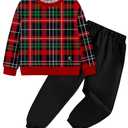 TALLWH Toddler Boy Christmas Outfit 2-3T Merry Christmas Outfit Boys Long Sleeve Striped Pullover Sweatshirts Jogger Pants Set Red and Green Contrast Plaid Party Clothes for Toddler Boys (Red)