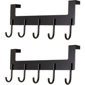 Over The Door Hooks Coat Rack,Over The Door Towel Hanger Drying Rack,Heavy Duty Aluminum Over The Door Towel Rack Hooks for Hanging Coat, Bag, Robe - 5 Hooks Black Color 2 Pack