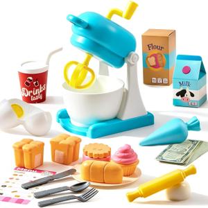 lalalark Whisk n' Bake Bakery Mixer Playset, 16 Pieces Toy Kitchen and Food Accessories with Play Money and Menu, Role Play Toys for Girls Boys, Birthday Gift for Kids