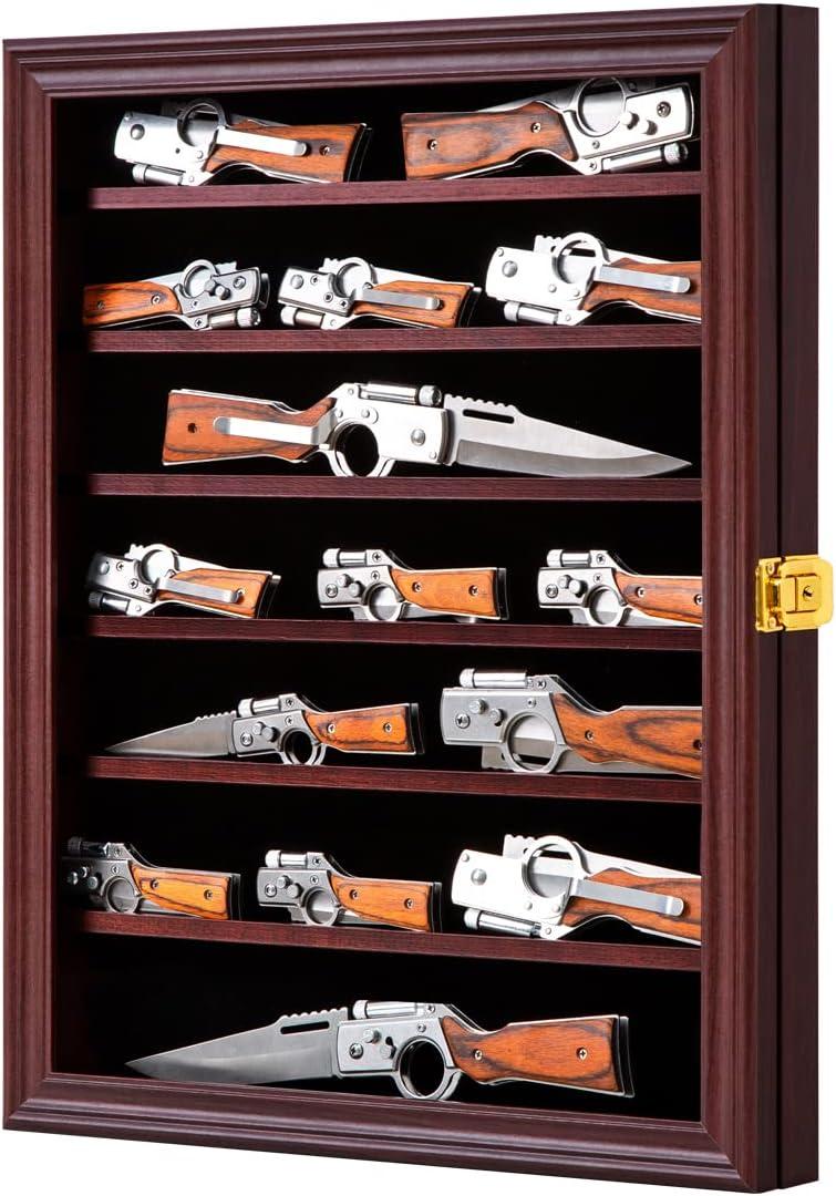 Jinchuan Knife Display Case Pocket Knife Display Stand Military Folding Knife Shadow Box Wall Cabinet with Uv Protection Acrylic Lockable, Cherry
