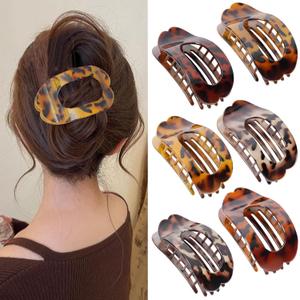 Flat Hair Clips for Women, 6 Pack Ergonomic Curved Hair Claw Clips for Thick Thin Curly Hair, Strong Hold No Slip Grip Hair Claw Clips for All Hair Textures, Leopard