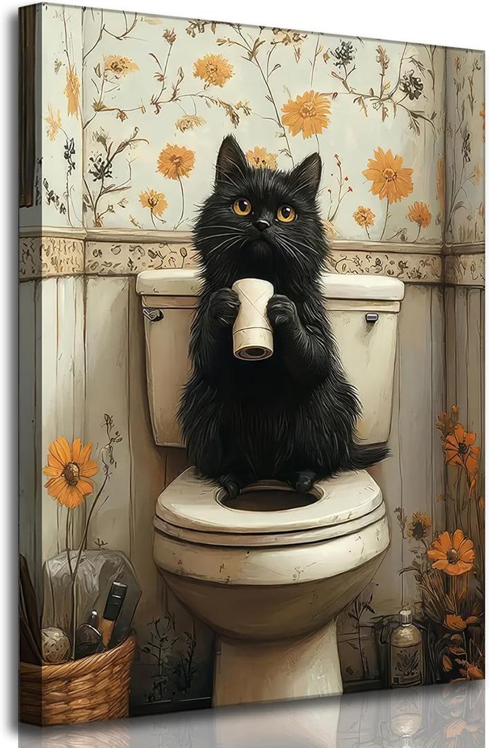 Funny Bathroom Cat Canvas Wall Art Cute Black Cat Get Toilet Paper Sitting on Toilet Painting Picture Wall Decor Poster Print Artwork for lavatory Home Decoration