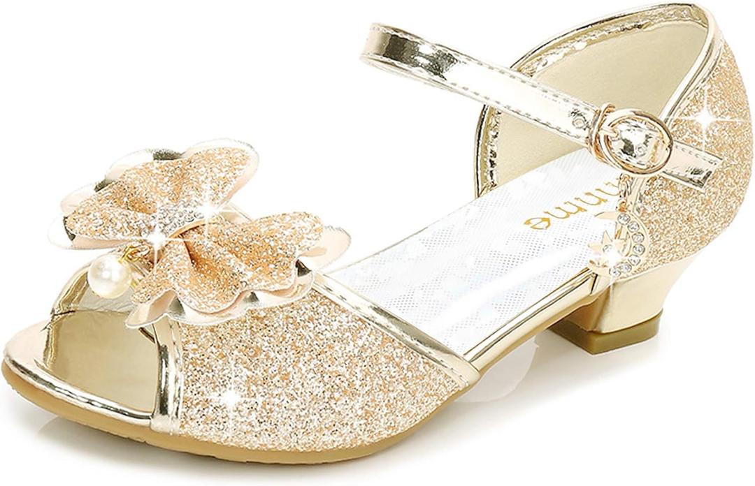 Wedding Sandals for Girls Low Heel Sequin Princess Cute Toddler Light Gold Heeled Sandals for Girls Size 13 for Wedding Princess (Gold 13)