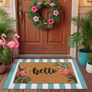 Tinideya 2 Pcs Summer Flamingo Coir Door Mat Welcome Non Slip Hello Mats Floor Layering Doormats Seasonal Cute for Porch Entryway Indoor Outdoor Decor(Hello Pink Flamingo)