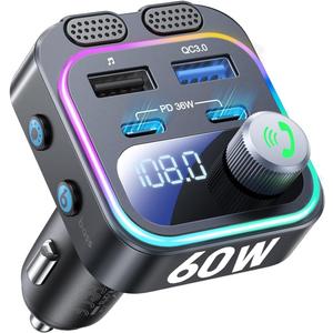 60W Bluetooth 5.4 FM Transmitter Car Adapter [Reinforced Dual Mics & Deep Bass] [Dual PD 60W & QC3.0] Fast Charging Handsfree Calling Wireless Radio Bluetooth Transmitter for Car [Black] (Black)