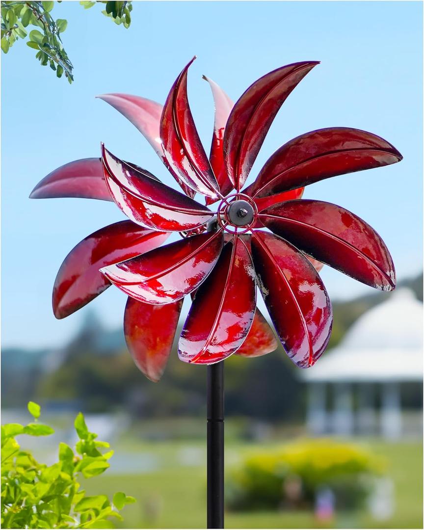 Wind Spinners Outdoor - Red Metal Windmill with Stake for Yard and Garden, Kinetic Wind Sculptures & Spinners, Gift Decor Ideas for Garden Lovers (12" W x 70" H) (A-crimson Petal)