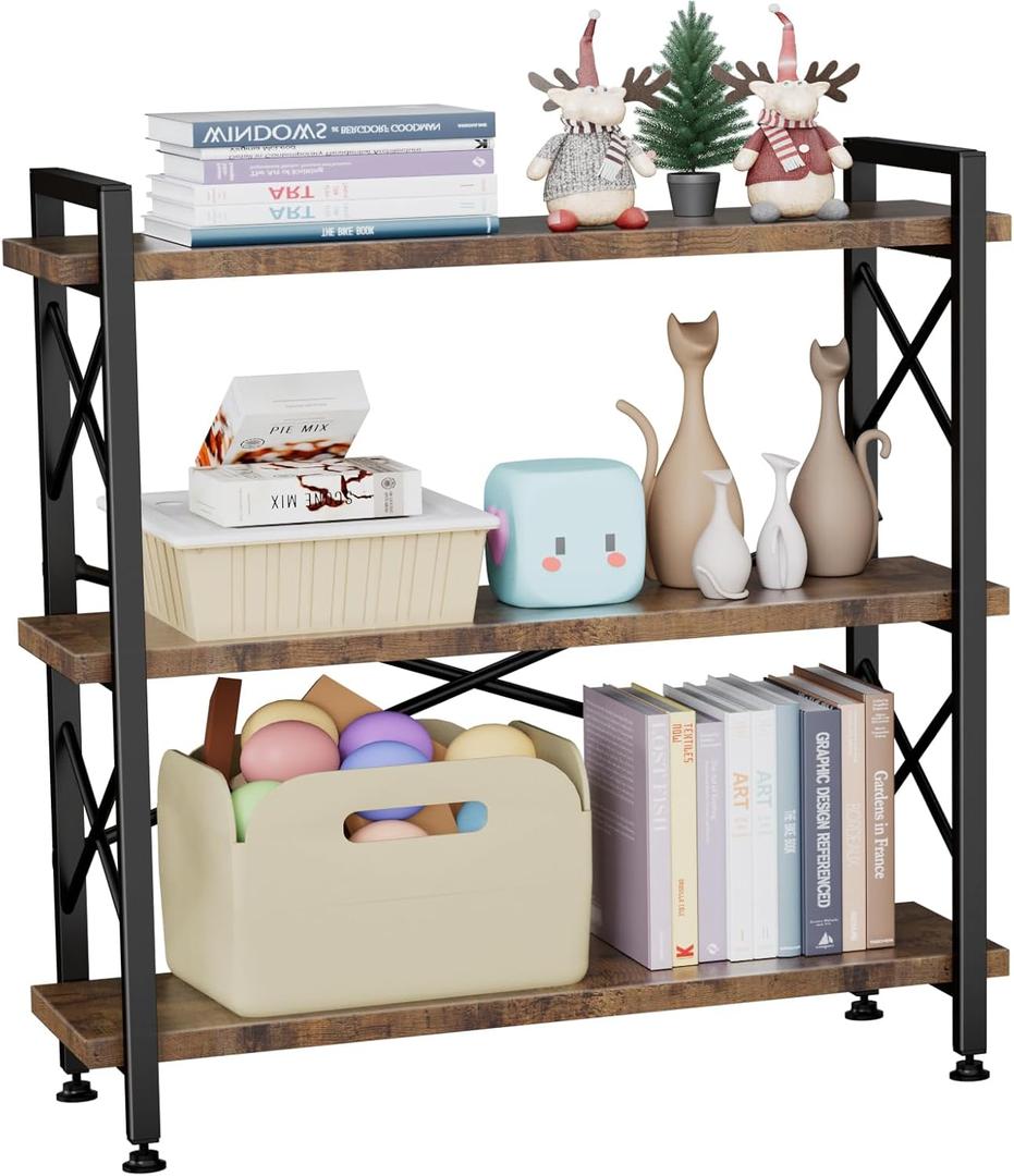 CROWNFURN 3 Tier Bookshelf 35.43" Width, Rustic Open 3 Shelf Short Bookcase with Metal Frame, Industrial Book Shelf for Home Office Bedroom Living Room (Rustic Brown)