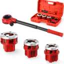 Pipe Threader Ratchet Kit， Manual Ratcheting Pipe Threading Tool Set with 3 NPT Dies 1/2" NPT, 3/4" NPT, 1" NPT,Portable Cast Iron Pipe Threading Set for Galvanized Aluminum Iron Copper PVC Pipes