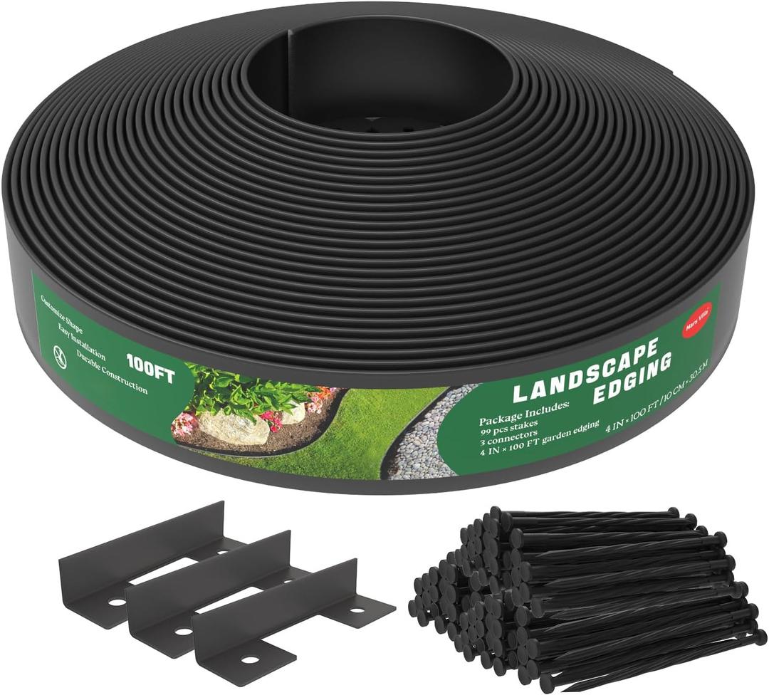 Mars Villa Landscape Edging, 4 Inch Tall 100FT Garden Border Edging Kit with 99 Anchoring Spikes, Decorative Flexible Lawn Edging Cover 75 for Lawn, Yard, Flower Bed (Black, 4IN, 100FT)