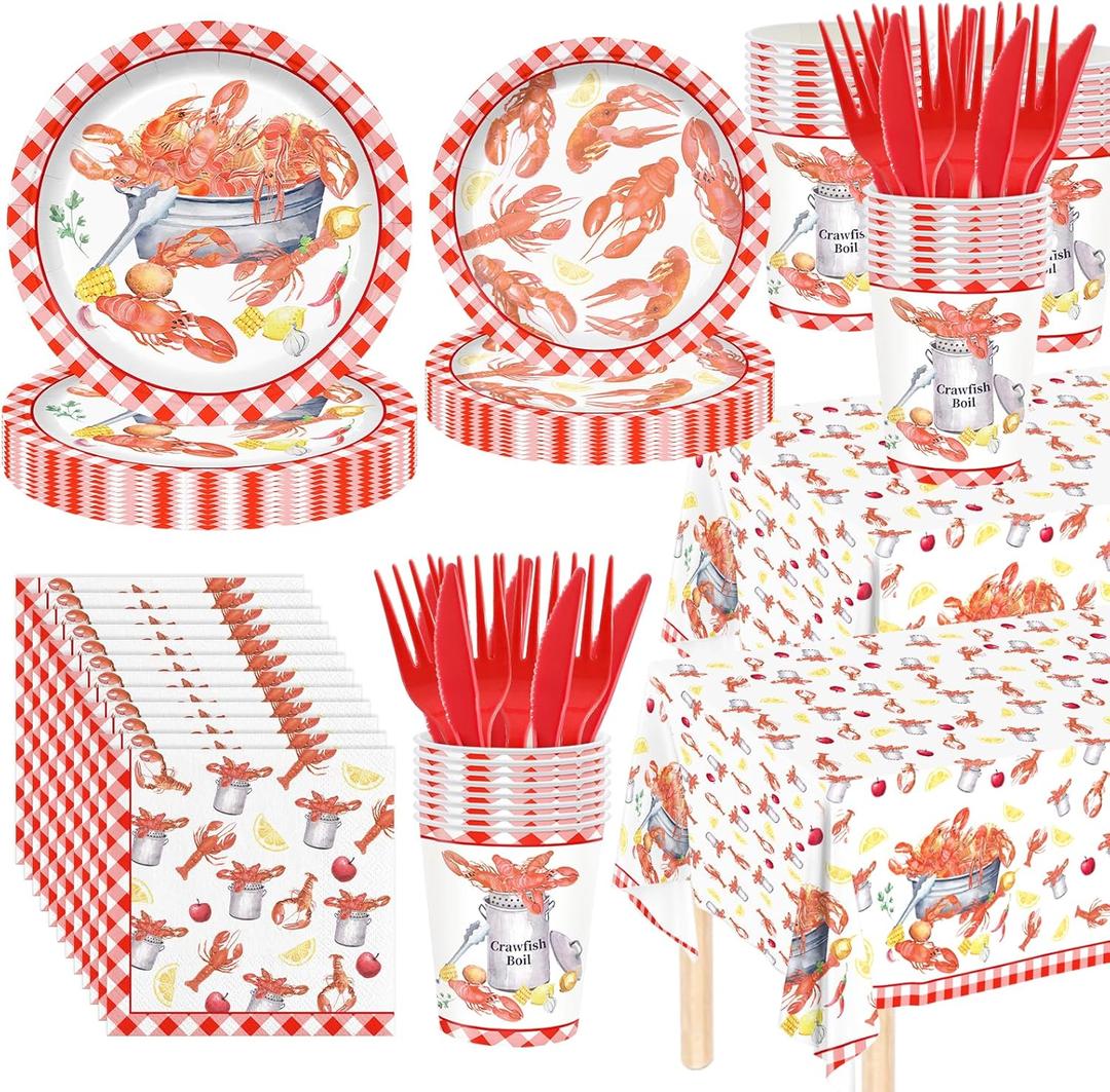 146Pcs Crawfish Boil Party Supplies Include Tableware-Plates-Napkins-Cups-Forks-Knives-Tablecloth for Seafood Boil Party Supplies Serves 24