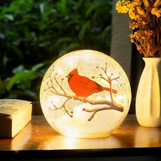 Large Crackle Glass Ball Cardinal Lamp, Light Up Red Cardinal Stained Glass Christmas Decor Accent Lamp, Lighted Red Bird Globe Table Light, Led Sphere Desk Lamp 