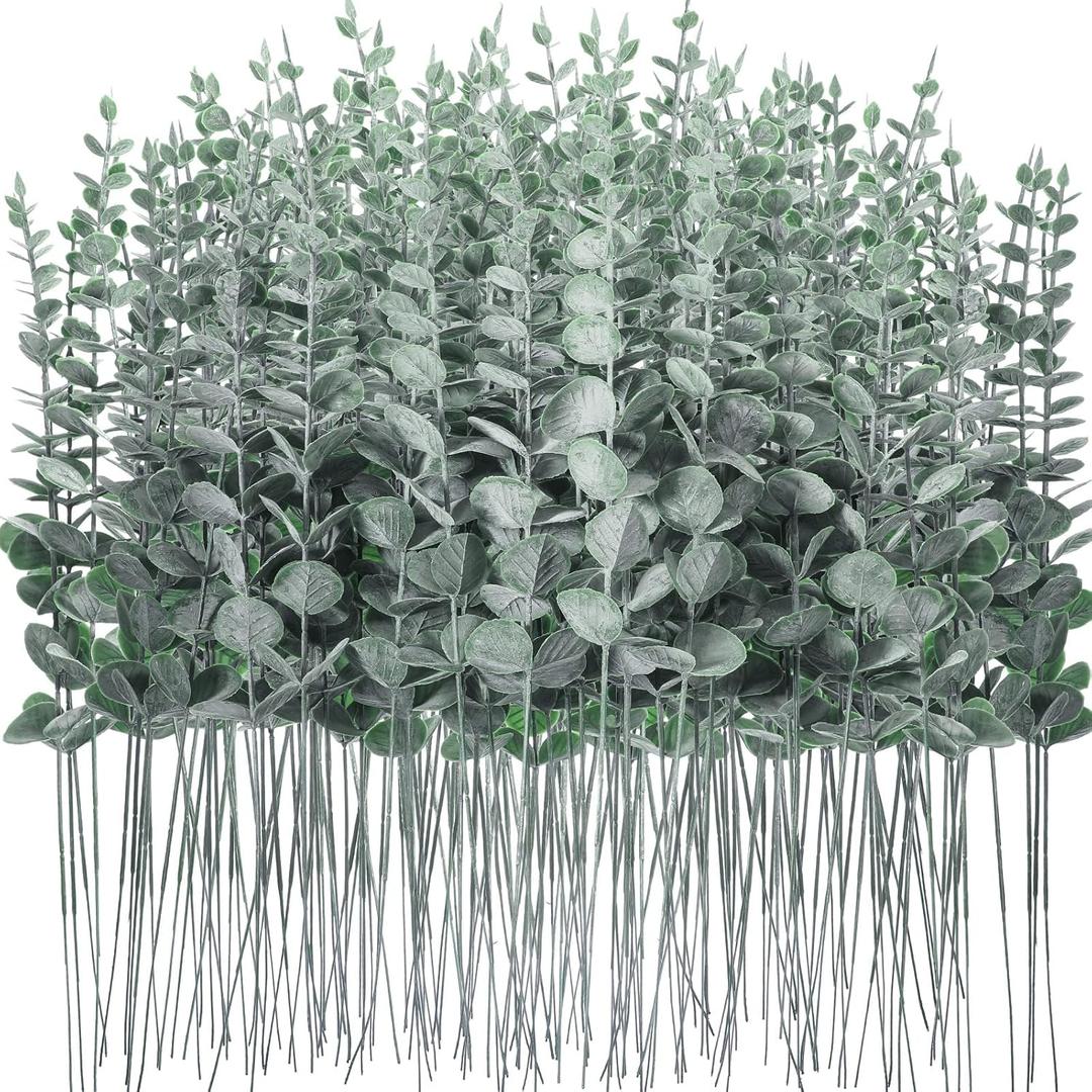 Canlierr 200 Pcs Eucalyptus Stems Faux Greenery Artificial Eucalyptus Leaves Decor Greenery Stems Branch for Wedding Centerpiece Flower Bouquet Farmhouse Home (Dark Green)