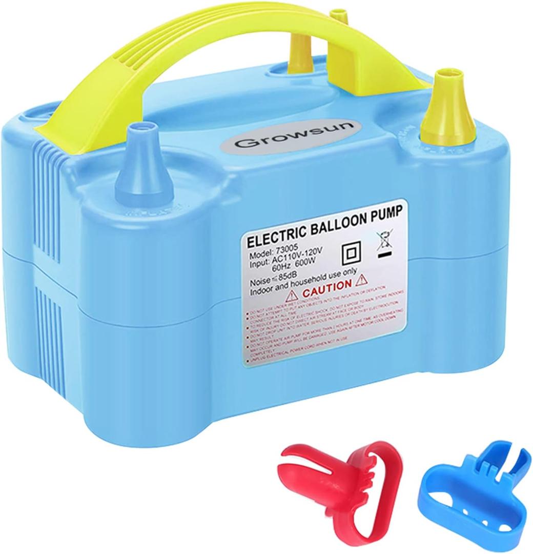 Growsun Electric Balloon Pump Air Inflator Portable Automatic Dual Nozzle Balloon Blower 110V 600W for Birthday Baby Shower Balloons Party Decorations (Blue)