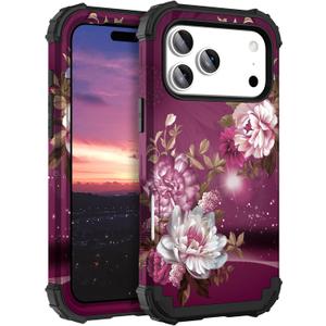Hocase for iPhone 17 Pro Max Case, Heavy Duty Shockproof Protection Soft Silicone Rubber+Hard Plastic Bumpers Hybrid Protective Case for iPhone 17 Pro Max 2025 - Royal Purple Flowers