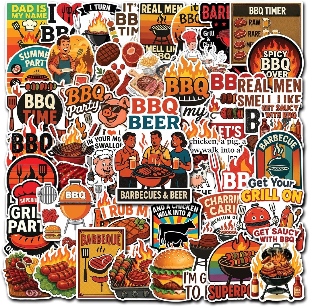50 Pcs BBQ Stickers Cartoon Barbecue Sticker Cute Food Waterproof Decals Water Bottles Recipe Book Laptop Scrapbooking Skateboard Phone Case Fridge Kitchen Decor Gifts for Adults Women