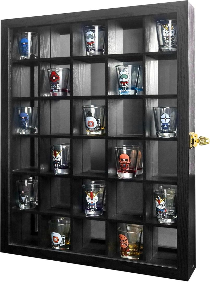 15x20 Shot Glass Display Case, 30 Slots Wooden Cabinet Rack Holder, Large Shot Glass Shelf with Mirror Background with Locks, Shot Glass Shadow Box,Real Glass (15x20in MDF)