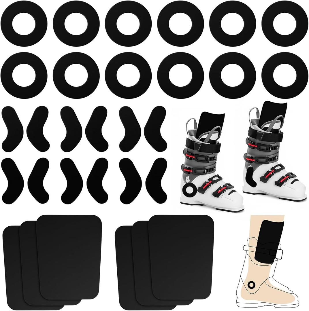 12pcs Ski Boots Fitting Pads, 12 Pcs Self-Adhesive Ski Ankle Protection Foam Padding and 6 Pcs Foam Shin Guards to Relieve Ankle Pressure Heel Lift Blisters Shin Protection (Black)