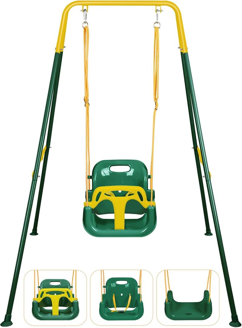 3-in-1 Toddler Swing, Foldable Indoor & Outdoor Baby Swing, Multifunctional Swings for Children 6 Months and Older, Easy to Assemble and Store for Backyard Play (Dark Green)