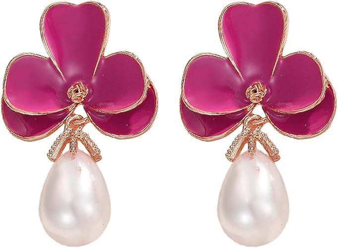 Bohemian Flower Earrings for Women Vintage Baroque Pearls 14K Gold Plated Camellia Flower Floral Dangle Drop Statement Earrings Wedding Holiday Jewelry