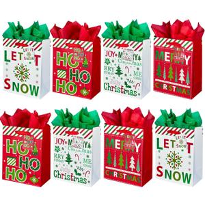 GITMIWS 12 Pack Christmas Paper Gift Bags with Tissue Paper, 9'' Medium Christmas Treat Gift Bags Bulk with handles, Xmas Shopping Tote Goodie Bag for Kids, Xmas Party Favor Decor