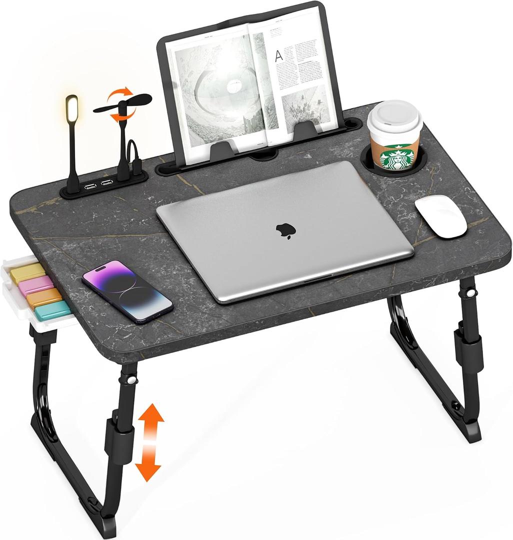 Laptop Desk for Bed Height Adjustable, Lap Bed Table with USB/Storage Drawer/Cup Holder/Tablet Stand/Book Shelf, Foldable Breakfast Tray Portable for Reading Writing, Sofa & Floor, Deep Stone Texture