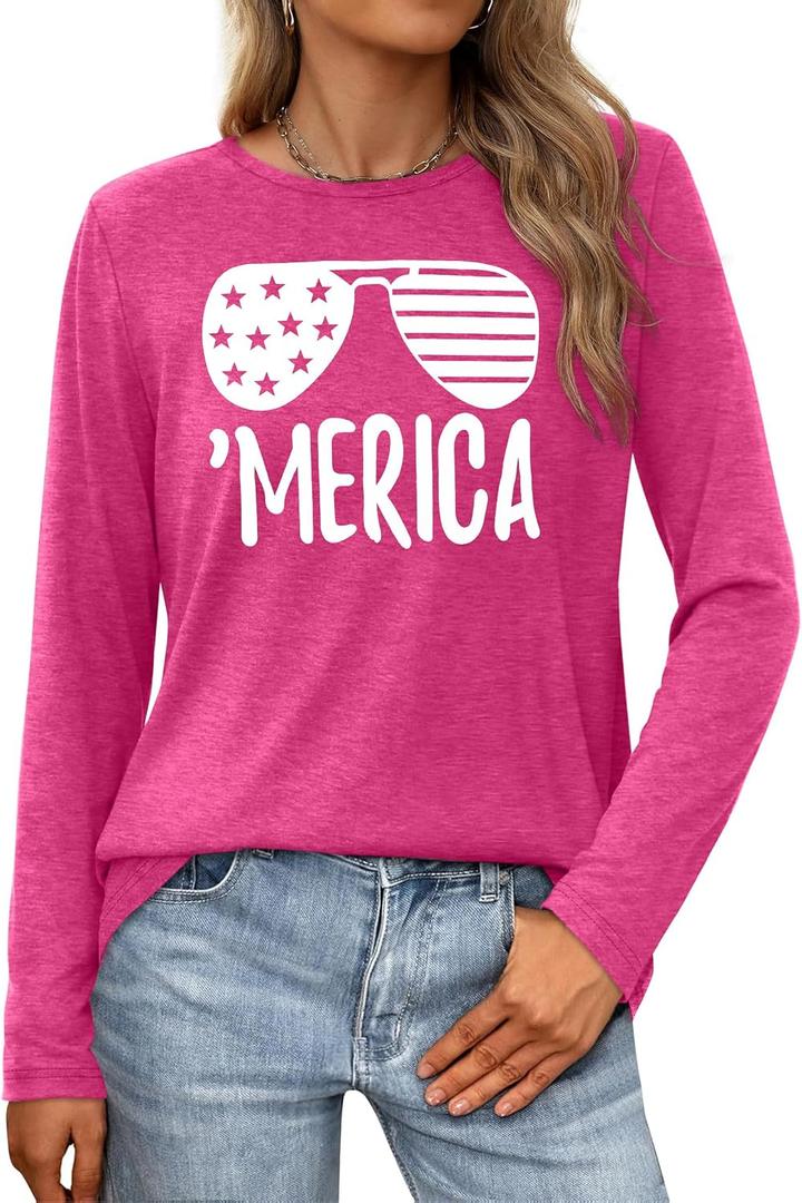 American Flag Shirts for Women 4th of July T Shirt USA Stars Stripes Patriotic Tops Casual Long Sleeve Tees (M)