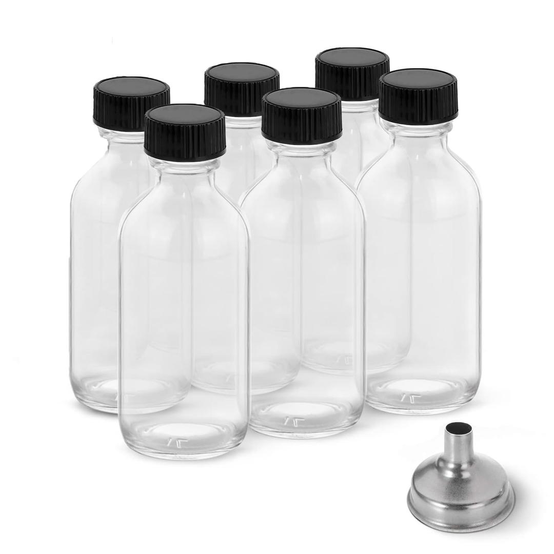 6 Pack 2 oz Shot Bottles with Caps & Stainless Steel Funnels, Juicing Bottle Reusable Glass, Mini Travel Bottles, 60ml Small Jars with Lids for Potion, Ginger Shots, Oils, Juice