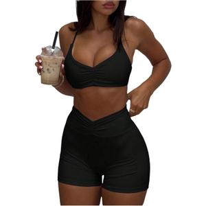 SweatyRocks Women's 2 Piece Workout Outfits Ruched Camisole Top and Biker Shorts Tracksuit Sets Black Medium