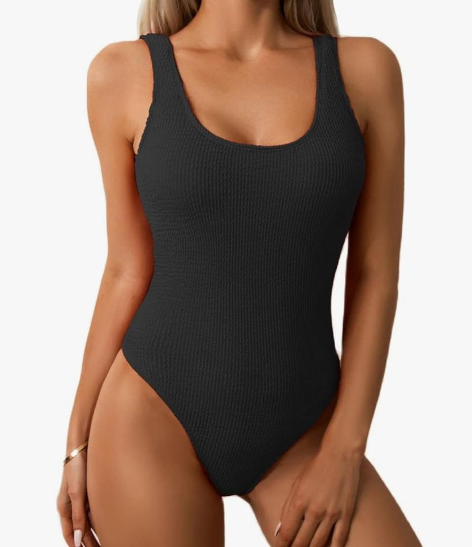 Limeeke Women One Piece Swimsuit Solid Ribbed Monokini Swimwear Scoop Neck Low Back Bathing Suit, Medium