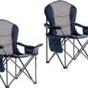 Oversized Camping Chair Heavy Duty 500LBS - 2 PCS Folding Outdoor Chair with Cooler Bag, Storage Pockets, Portable Collapsible Lawn Chairs for Adults (Blue & Gray)
