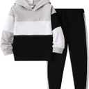 5-11Y Boys Clothes Long Sleeve Hooded Pullover Colorblock Sweatshirt + Pants 2pcs Fall Winter Outfit Set (9-10Y, Z : Grey)