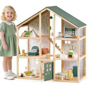 Tiny Land Wooden Dollhouse for Girls - 6 Rooms Wooden Doll House, DIY Pretend Doll House with 31Pcs Furniture Accessories, Creative Gift for Girl Ages 3+, Green