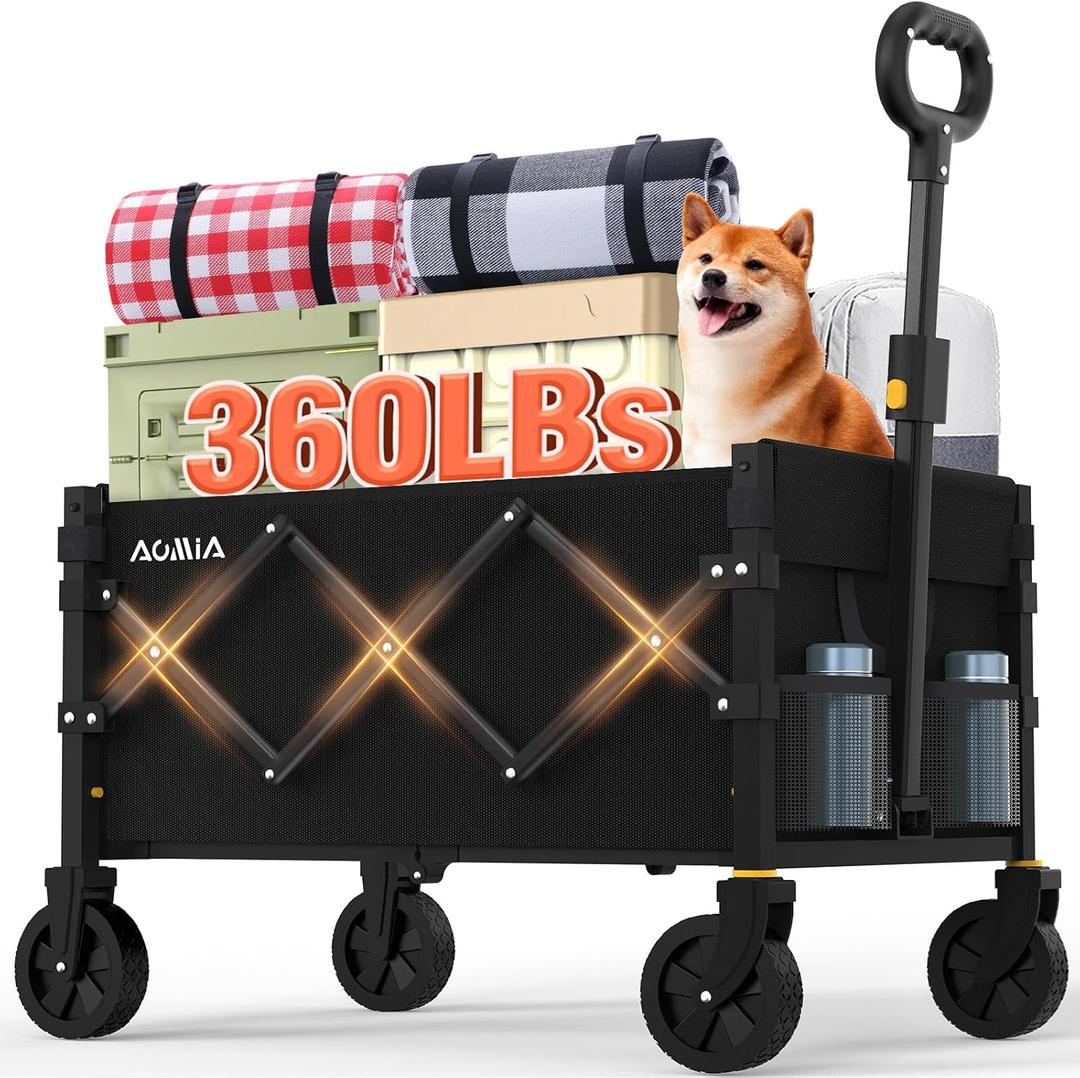 Collapsible Foldable Wagon with Wheels Heavy Duty Folding Wagons Carts 360LBS Weight Capacity Portable All Terrain Utility Wagon Cart for Groceries Sports Garden Shopping Camping Beach