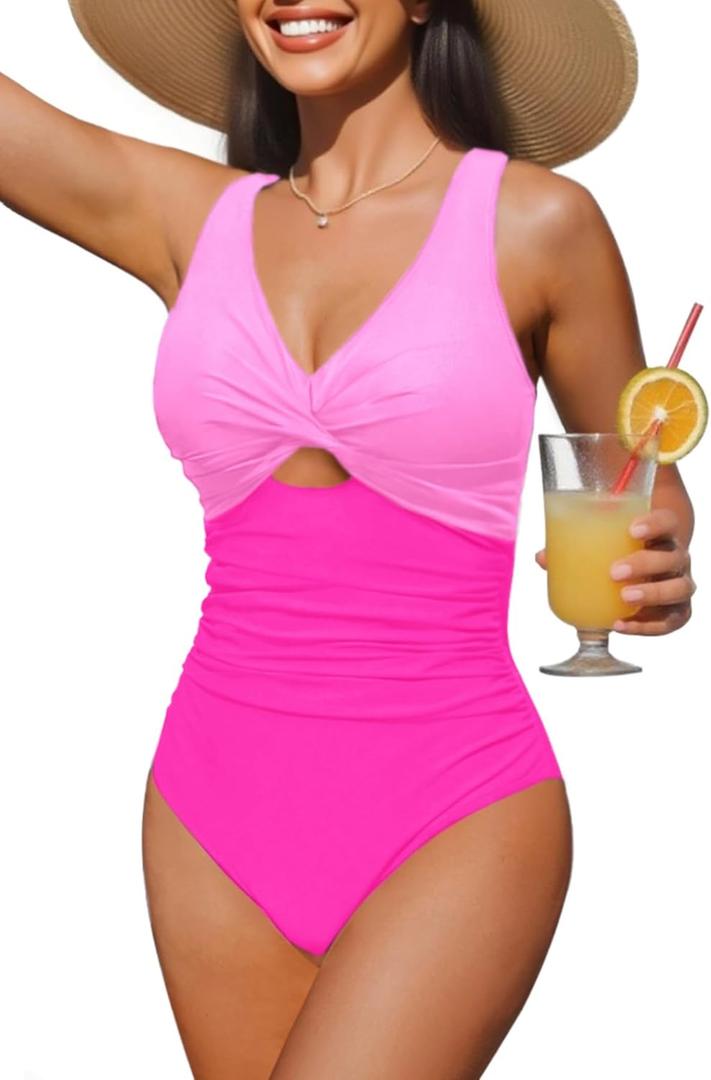 Tempt Me Women One Piece Swimsuits - Tummy Control Cutout Bathing Suit V Neck Twist Front Swimwear 2025 (Large, Pink)