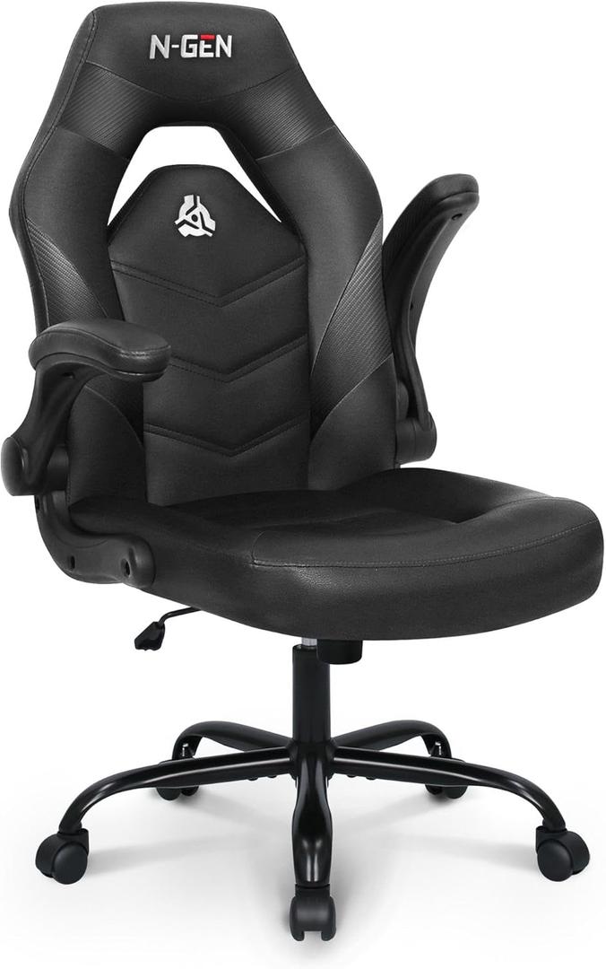 N-GEN Gaming Gaming Chair, Lumbar, PU Leather, Flip-Up Arms, Jet Black