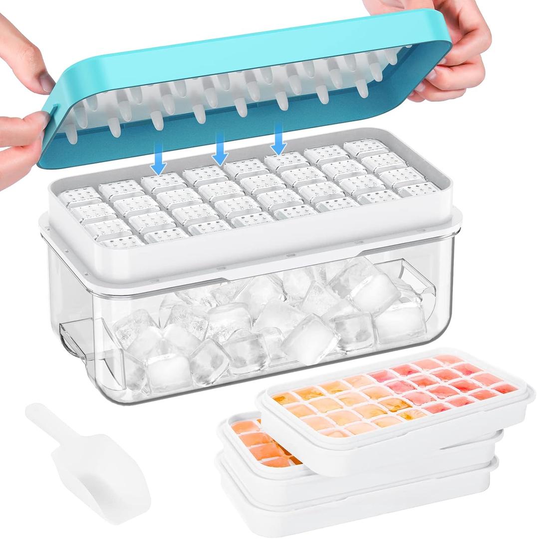 PHINOX Ice Cube Tray with Lid and Bin, 3 Pack Plastic Ice Cube Tray Molds, 96(4 * 8 * 3) pcs Ice Trays for freezer, Chilling Drinks, Whiskey & Cocktails, with Ice Container and Ice Scoop, BPA-Free (Blue)
