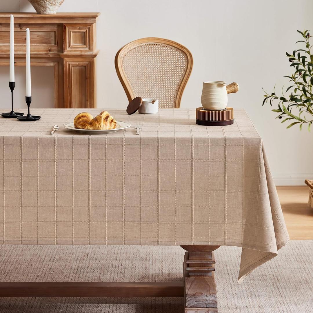 ZeeMart Linen Checked Table Cloth 60x120 Inches (Fit 7ft8ft, Narrow Fit 9ft Rectangle Table), Farmhouse Style Plaid Embroidered Water Resistant Table Cover, Taupe