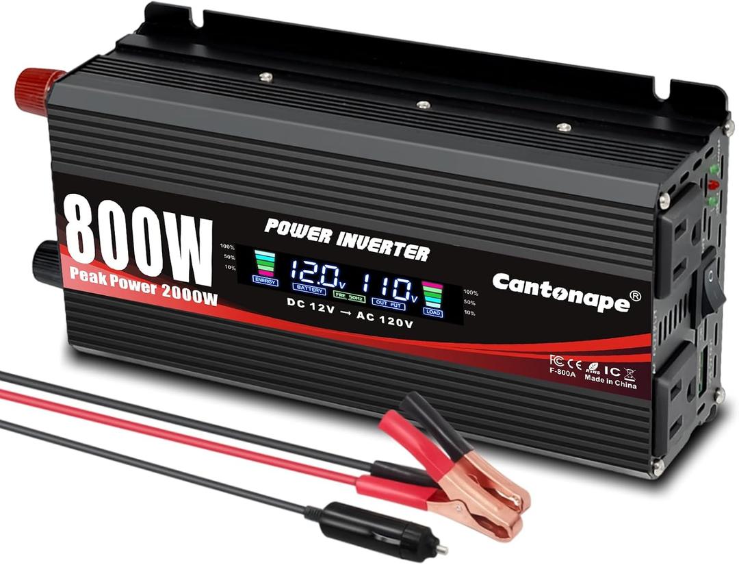 Cantonape 800W Car Power Inverter DC 12V to 110V/120V AC Converter with LCD Display Dual AC Outlets and USB Port Car Charger for Car Laptop Truck Black