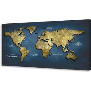 World Map Wall Art Canvas Print, Vintage Gold Cracked Texture Map of the World Poster, Abstract Navy Blue Ocean Geography Art for Living Room Office Decor, Large Horizontal Map Framed 29"x58"