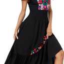 Women's Summer Maxi Dress Casual Floral Embroidered Round Neck Short Sleeve Ruffle Tiered Dress Flowy Boho Beach Sundress (Black, S)