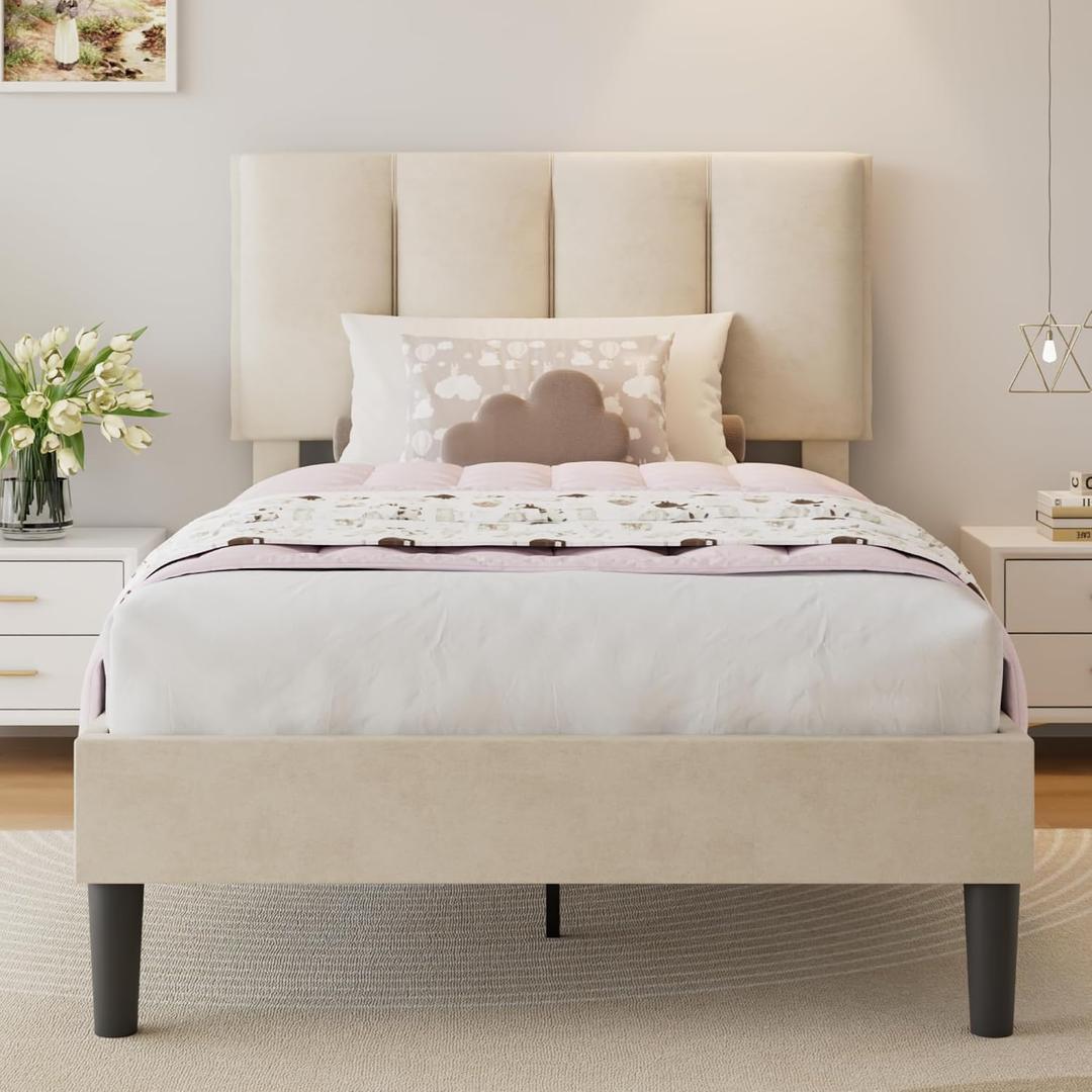 VECELO Twin Size Bed Frame with Upholstered Headboard, Heavy-Duty Bedframe with Wooden Slats & Steel Framework, Easy Assembly, Pale Beige