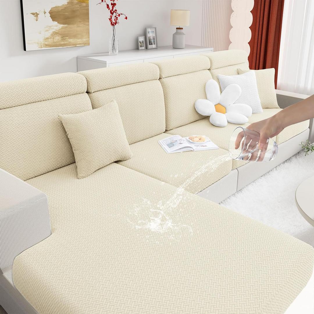 Hyha Waterproof Couch Cushion Covers, Wear Resistant Couch Cover, Anti Slip Sofa Slipcovers Washable, Soft Thick Jacquard Furniture Protector for Pets Dog (3 Packs, Beige)