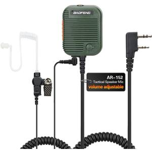 BAOFENG Military Grade Volume Adjustable Speaker Mic with 3.5mm Receiver/Listen Only Surveillance Acoustic Tube Earpiece AR-152 UV-5R Motorola TYT Radio (Green+Headset)