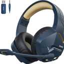 BINNUNE 2.4GHz Wireless Gaming Headset, Bluetooth 5.3 Gaming Headphones with Noise Canceling Mic, 120H Ultra-Long Battery, 50mm Drivers, Multi-Platform for PC / PS5 /PS4/ Switch/Mobile, Gold