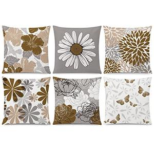 COMMINY Brown Grey Pillow Covers 18x18 Set of 6 Decorative Daisy Flower Throw Pillow Cover for Couch Modern Coffee Pillow Case for Patio Living Room Cushion Bed Farmhouse Home Decor