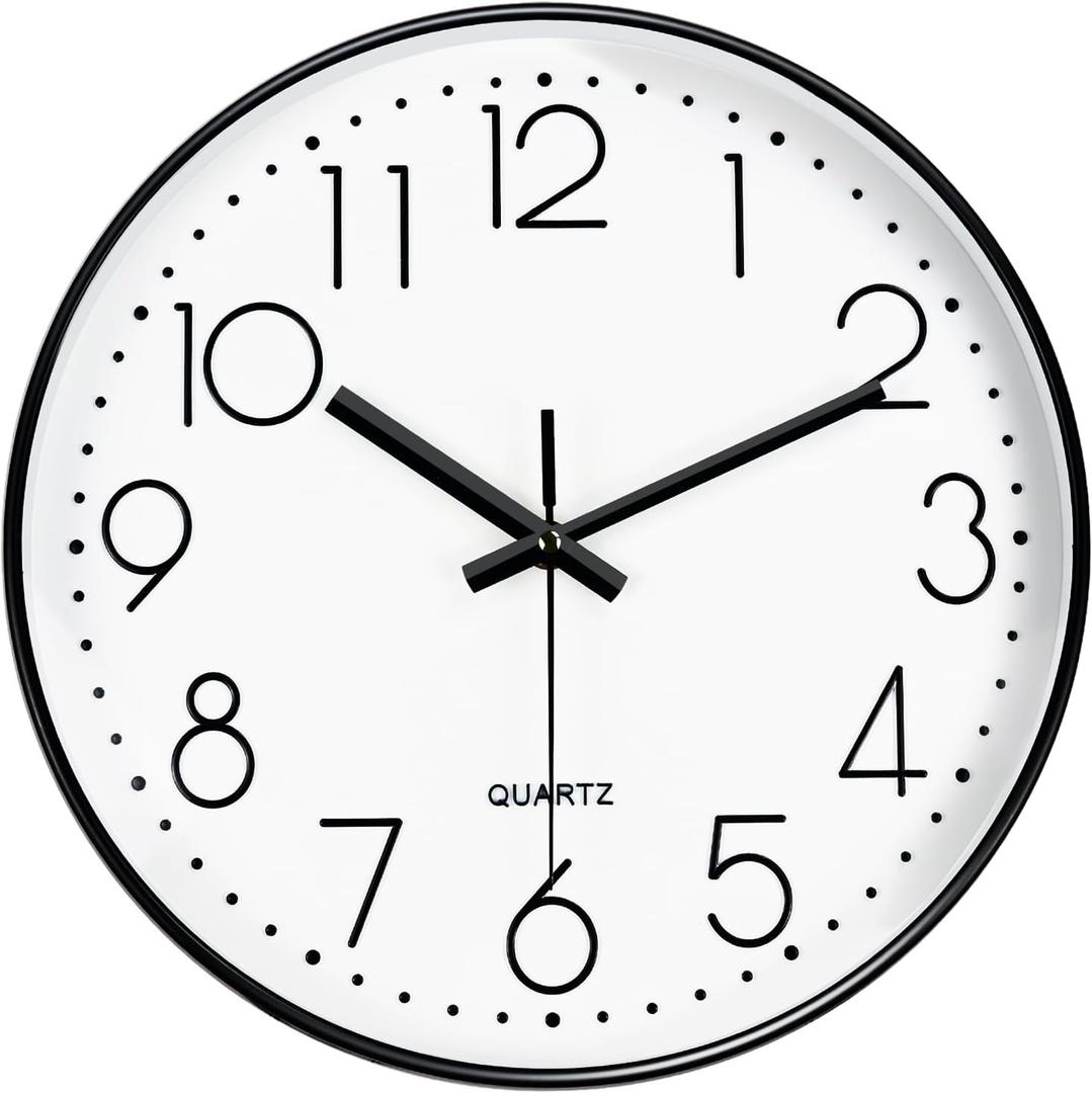 Silent Wall Clocks Battery Operated 8 Inch, Analog Wall Clock with Oversized Number Tempered Glass Clock Face, Black Quartz Non-Ticking Wall Clocks for Living Room Bedroom Kitchen Office (White)