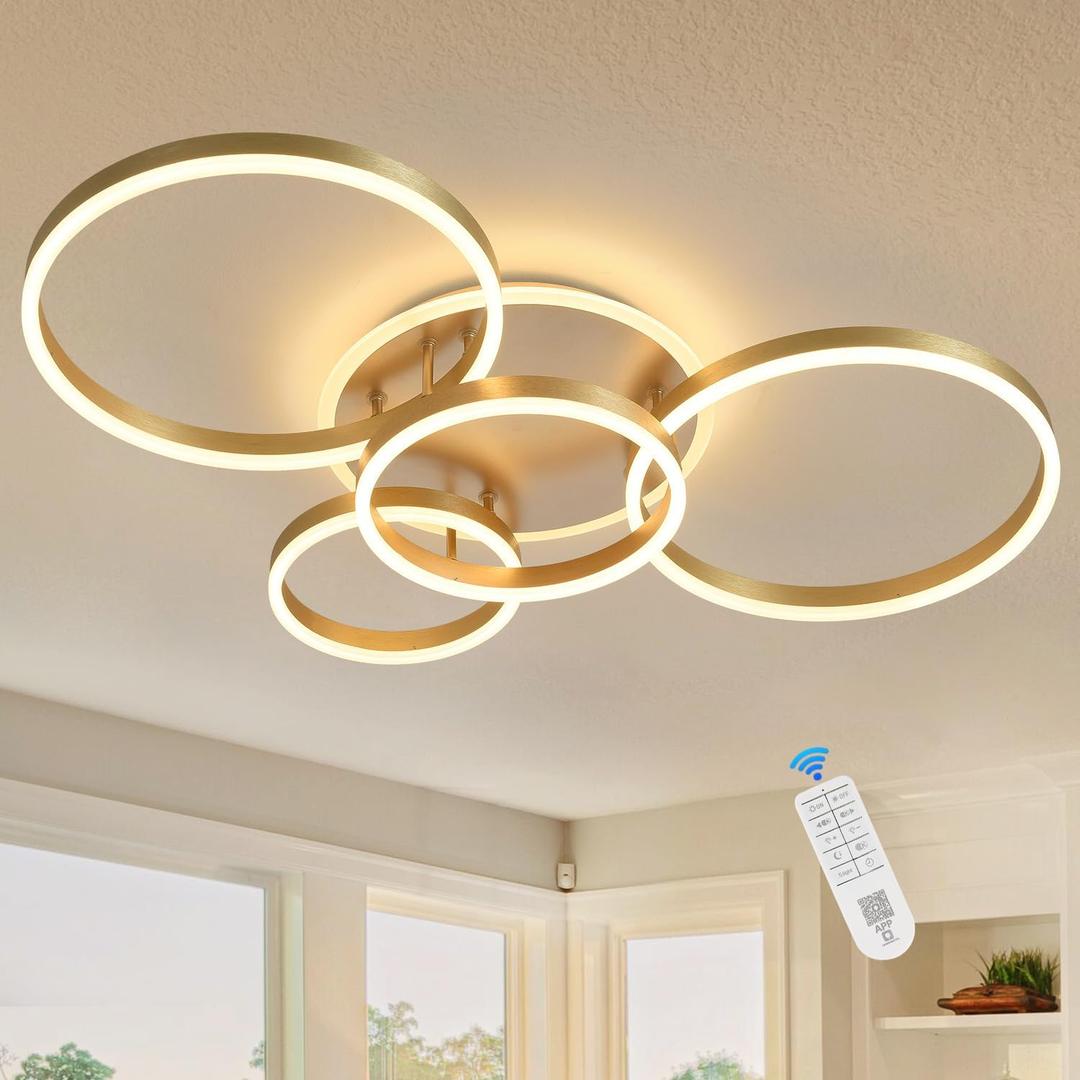 4-Rings Modern LED Ceiling Light Dimmable 39’’ Brushed Gold Ceiling Lamp with Remote for Living Room, Metal Circle Flush Mount Chandelier Lighting for Dining Room(110W 3000K-6500K)