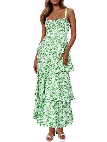 Wenrine Womens Summer Floral Maxi Dress Sleeveless Spaghetti Strap Tie Back Tiered Ruffle Dresses Green Size XL