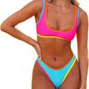 SherryDC Women's Sexy Scoop Neck Bikini Sets Color Block High Cut Thong Brazilian Two Pieces Swimsuit Bathing Suit (179-blue+rose Red)